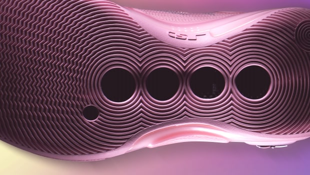 The outsole of Dwyane Wade's pink basketball shoes.